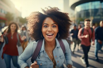 happy african american woman running on the background of a crowd of people - obrazy, fototapety, plakaty