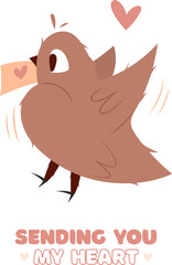 Hand draw bird with hearts and letter. Valentine's day poscard with lettering sending you my heart.Peach fuzz, pink, brown and red colors. Vector illustration on white background.Doodle style.