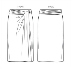 Vector midi skirt with gathering detail fashion CAD, woman jersey or woven fabric  smocked long skirt with front slit technical drawing, flat, sketch, template, mock up. Front back view, white color - obrazy, fototapety, plakaty