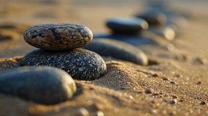 Fototapeta na wymiar Zen stones against a backdrop of fine sand. The art of balance comes to life as each stone delicately rests upon the other.