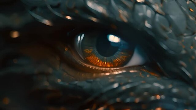 Dragon eye. Eye of Evil Fantasy green blue Dragon. Mythological creatures. Animal eye. Fantastic monster. Ancient reptile. Dark tones. Closeup. 3D illustration, oil painting moving mp4