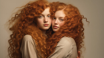 Naklejka premium A woman with a straight auburn mane embraces a woman with coily chestnut curls, their contrasting beauty perfectly intertwined.