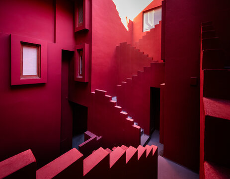 Calpe, Spain: colorful staircase of the La Muralla Roja postmodern apartment complex