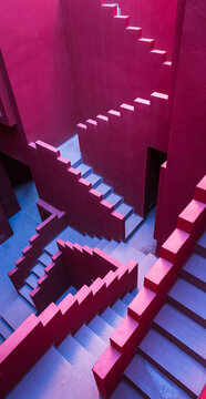 Calpe, Spain: colorful staircase of the La Muralla Roja postmodern apartment complex