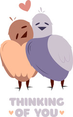 Hand draw two bird with heart. Valentine's day poscard with lettering thinking of you.Peach fuzz, pink, brown, purple and red colors. Vector illustration on white background.Doodle style.