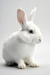 Portrait of cute white fluffy rabbit on white background