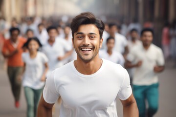 happy indian man running on the background of a crowd of people