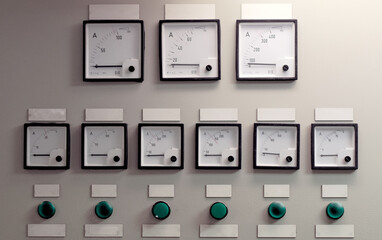 Set Of Pressure Gauges Meters On The Switchboard. Manometers In The Engine Room For Different Pumps, Cargo Hold Ventilations And Deck Machinery Gear