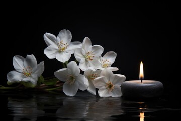 A meditative arrangement of lilies and candles, with gentle reflections on water.