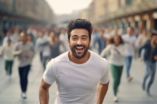 happy indian man running on the background of a crowd of people