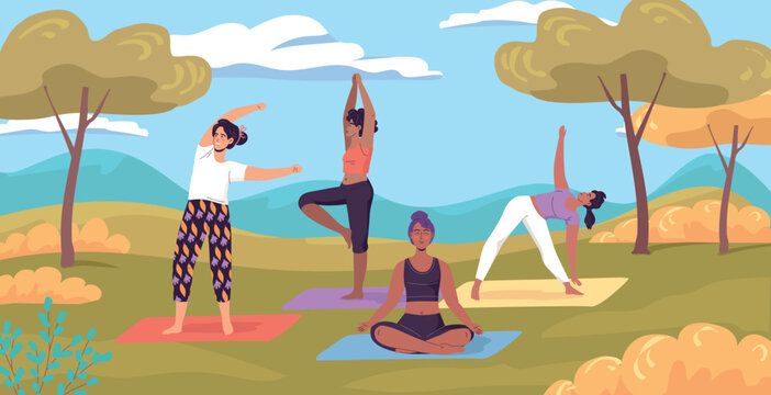 Young modern women make yoga exercises in the park