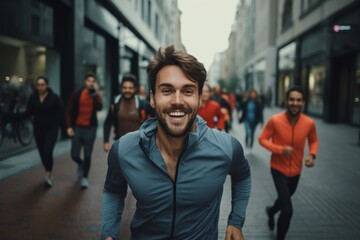 happy man running on the background of a crowd of people - obrazy, fototapety, plakaty