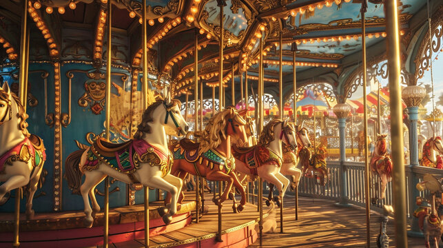 Whimsical carousel with horses in shape of hearts, AI Generated