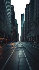 Empty city street with tall skyscrapers on both sides at night. Wet concrete street from rain water. Noir mystery concept - Isolated transparent background. Empty moody alley in a city