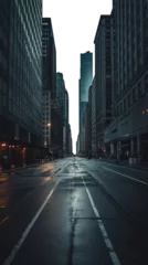 Poster Empty city street with tall skyscrapers on both sides at night. Wet concrete street from rain water. Noir mystery concept - Isolated transparent background. Empty moody alley in a city © Mr. PNG