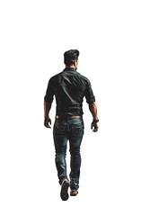 Handsome young man walking away. Full view. Rear View. Viewed from behind. Black stylish hair. Black shirt tucked into his dark denim jean pants. wrist watch. muscular young handsome urban wear man. 