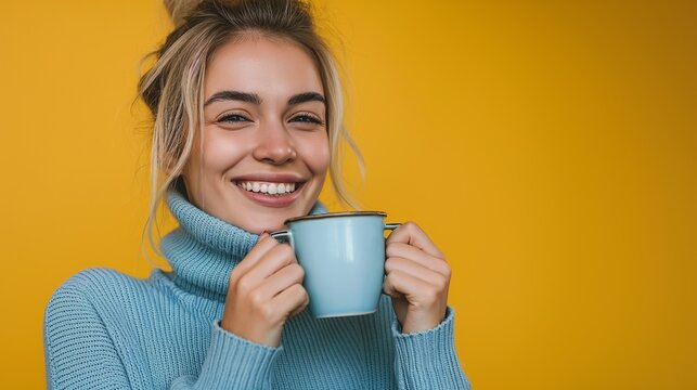 portrait of happy young woman with cup of coffee, smiling young blonde in pastel blue turtleneck sweater holding coffee mug isolated on yellow background with copy space.
