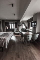 Interior of a rooftop hotel room.