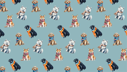 hand drawn watercolor, dogs wearing scarf,  seamless pattern for valentine's day, vector graphic resources, 16:9 widescreen wallpaper / backdrop,