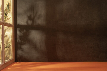 Panorama de fond d'un mur noir et support orange pour création d'arrière plan. Panoramique avec jeu d'ombre et de lumière à travers une fenêtre.	
