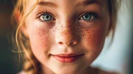 Portrait of a smiling little elementary school redhead girl with freckles and beautiful eyes AI generated