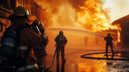 Fire rescue team extinguishing a burning building, AI Generated