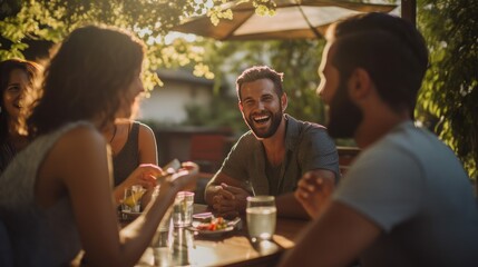 Group Of Happy Smiling Friends Eating Food Sitting At The Table Outdoors. Generative AI