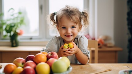 Fototapeta premium Beautiful Little Girl Happy And Smiling With Fruit In Hands In The Kitchen. Generative AI