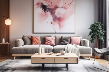 Grey sofa with pink pillows and blanket against white wall with abstract art poster. Interior design of modern living room, Generative AI