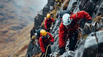 Mountain rescue team helping climber, AI Generated