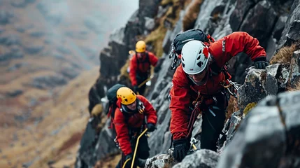 Foto op Canvas Mountain rescue team helping climber, AI Generated © Shining Pro