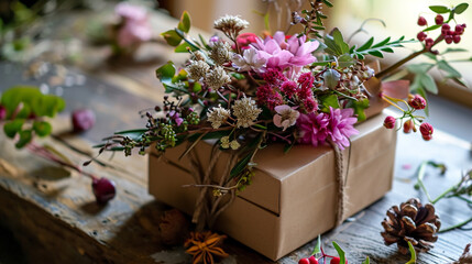 Nature-themed Valentine gift box with seasonal flower arrangement on top, AI Generated