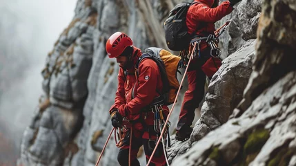 Deurstickers Mountain rescue team helping climber, AI Generated © Shining Pro