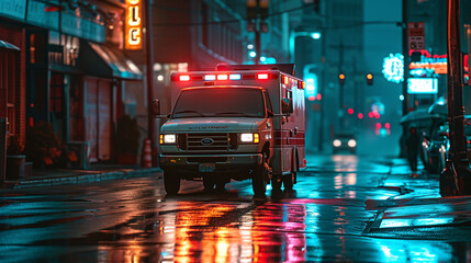 Neon lit ambulance driving on wet street, AI Generated
