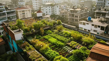 Foto op Aluminium Rooftops turned green under initiative of urban farming, AI Generated © Shining Pro