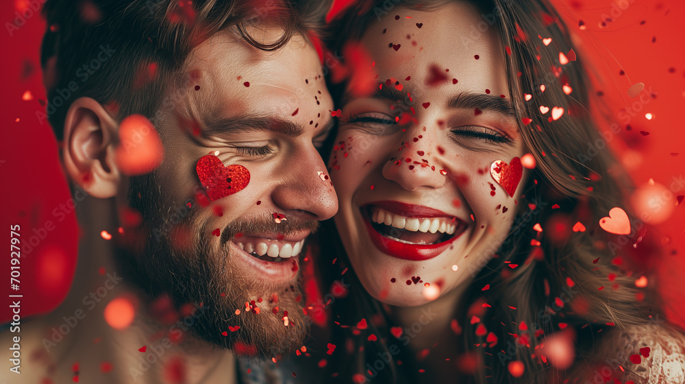 Wall mural beautiful smiling girl and young man with heart-shaped confetti on they cheeks and red lipstick on g