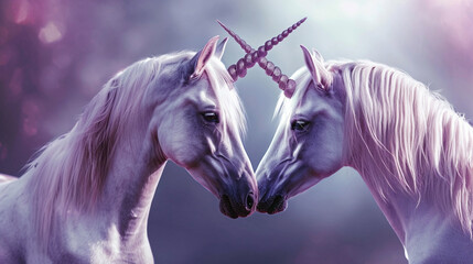 Obraz na płótnie Canvas Twin unicorns creating heart with their horns, AI Generated