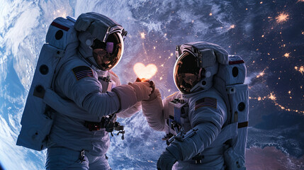 Two astronauts making heart symbol with Earth as backdrop, AI Generated