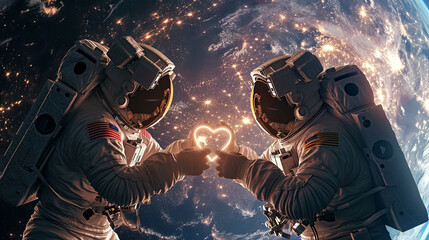 Two astronauts making heart symbol with Earth as backdrop, AI Generated