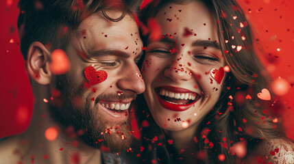 Fototapeta premium beautiful smiling girl and young man with heart-shaped confetti on they cheeks and red lipstick on girl. concept - holiday makeup, valentine's day couple