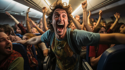 A group of passengers dancing in the aisle of an airplane.
