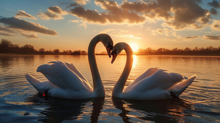 Two swans forming a heart with their necks at sunset, AI Generated - Powered by Adobe