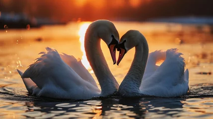 Deurstickers Two swans forming a heart with their necks at sunset, AI Generated © Shining Pro
