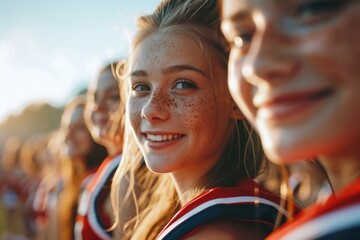 Fototapeta premium Capturing the infectious joy of a group of young women, cheerleaders for an American football team, as they beam with pride and enthusiasm