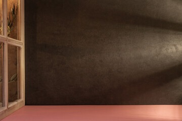 Panorama de fond d'un mur noir et support rose pour création d'arrière plan. Panoramique avec jeu...