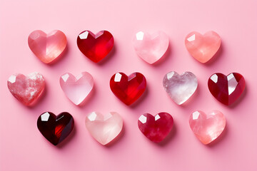 Crystal heart Valentine Day greeting card. Red pink sparkling gemstone ruby quartz garnet laying...