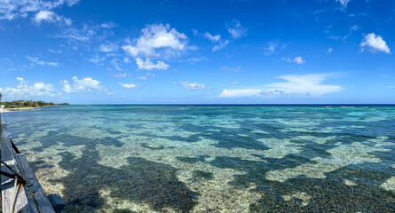 The uniquely patterned reef off of the north side of Cayman Islands on a beautiful sunny day.