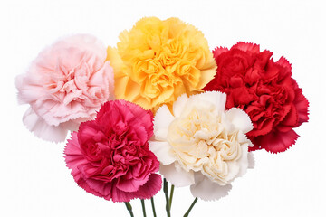 Fototapeta premium Carnations In various colors, from red to white or yellow, white background , isolated,