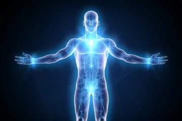 Deurstickers Strong human body energy powerful imagination evolution higher intelligence transformation silhouette vision god 3d flash concentration astral gesture glow freedom reincarnation connect progress form © Yuliia