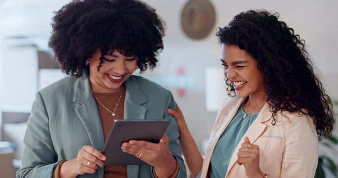 Women, tablet and teamwork for office logistics, e commerce and stock management, online shop or supply chain. Small business manager or seller with digital inventory, boxes and happy website order